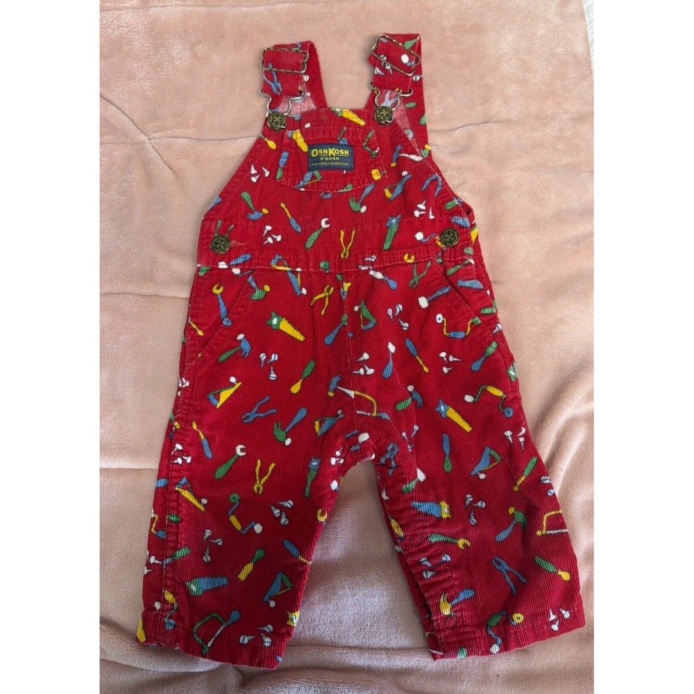 Vintage OshKosh B'Gosh Bib Overalls Red Corduroy Toolbox Tools USA Made 18 Month